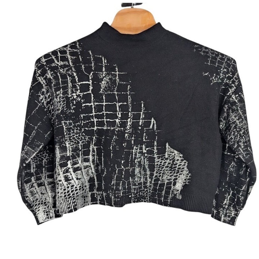 Adrienne Landau Crocodile Foil Print Funnel Neck Sweater Black and White Med NWT
